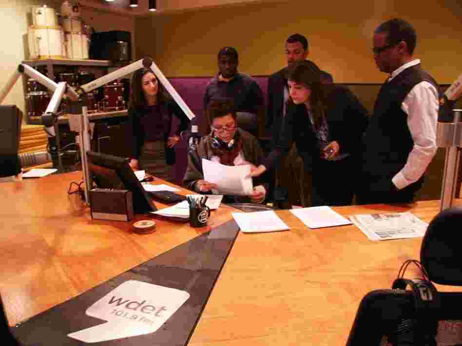 WDET staff members and Tell Me More producers help host Michel Martin prepare for her broadcast from Detroit. 