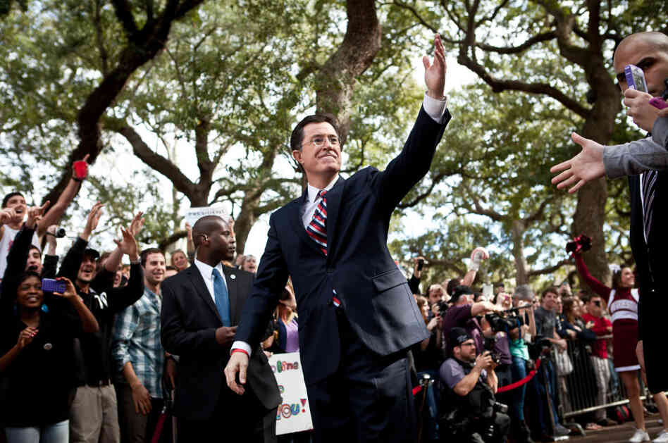 Comedian Stephen Colbert at a campaign stop in Charleston, South Carolina. Comedian Stephen Colbert at a campaign stop in Charleston, South Carolina.