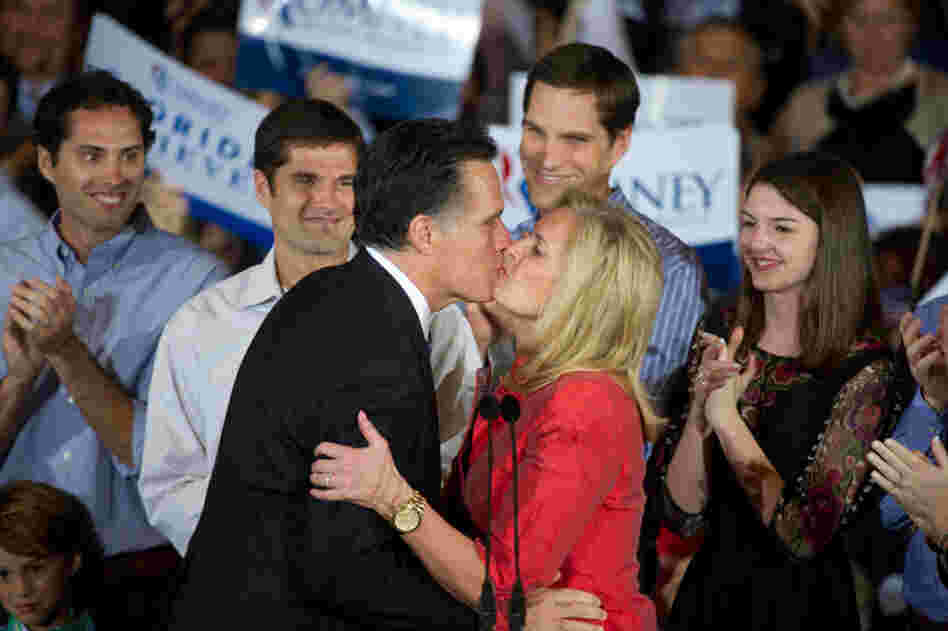 Romney kisses his wife during a rally at his election night headquarters in Tampa. Romney placed first followed by Newt Gingrich, Rick Santorum and Ron Paul. 