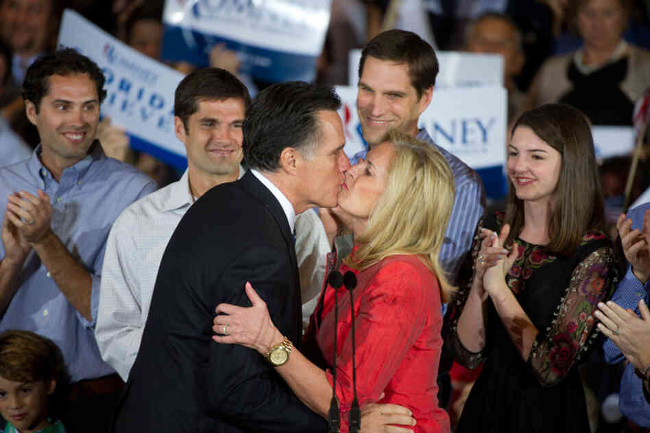 Romney kisses his wife during a rally at his election night headquarters in Tampa. Romney placed first followed by Newt Gingrich, Rick Santorum and Ron Paul. 