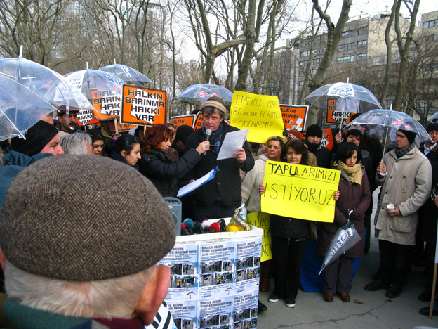 Demonstrators in Istanbul's Taksim Park protest against several development projects that would also include forced evictions from working-class neighborhoods. Yves Cabanne, a professor from University College in London, speaks to the crowd.