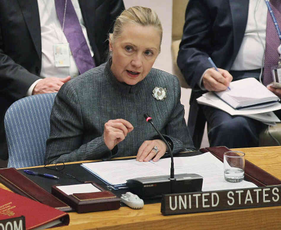 Secretary of State Hillary Rodham Clinton during her address to the U.N. Security Council this afternoon.