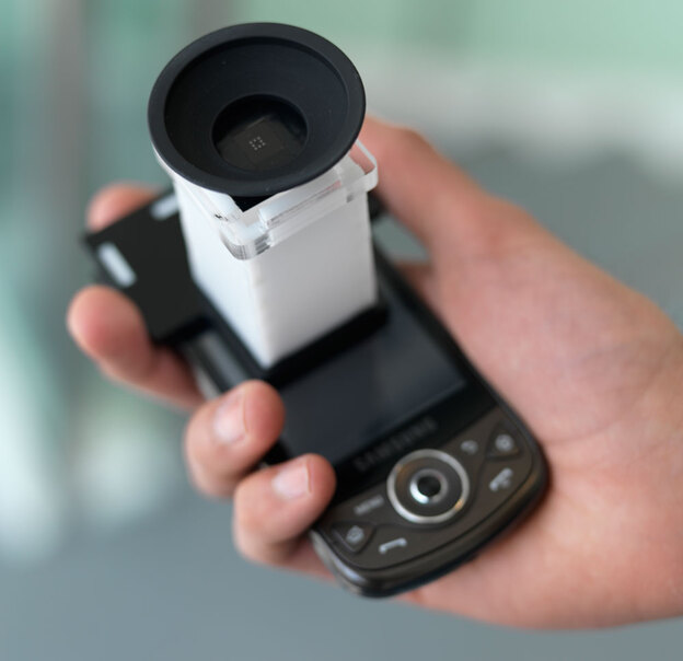 EyeNetra's smartphone-based NETRA system can perform an eye exam in roughly two minutes.