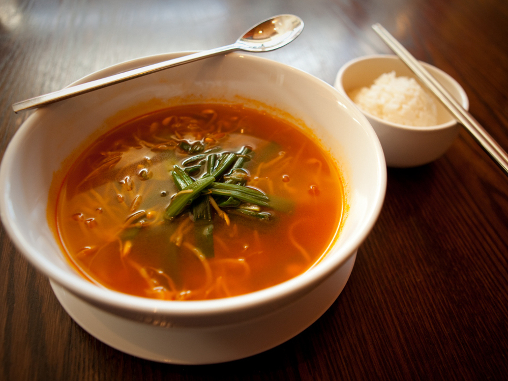 Haechangkuk, a Korean homestyle soup made with beef broth and bean sprouts, is a favorite hangover cure.