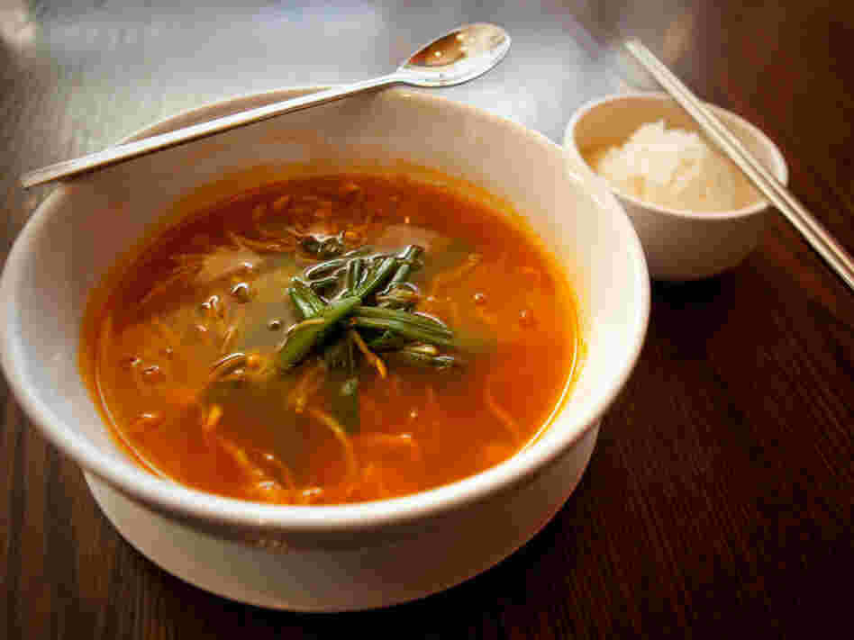 Haechangkuk, a Korean homestyle soup made with beef broth and bean sprouts, is a favorite hangover cure.
