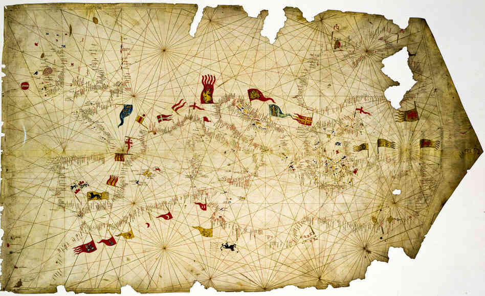 This 1421 "Nautical Map" by Francesco de Cesanis explores Florentine banking abroad and notes the severe risks involved in traveling. The threats of theft and piracy forced travelers to rely on banks, which provided them with letters of credit in order to avoid having to travel with heavy metal coins.