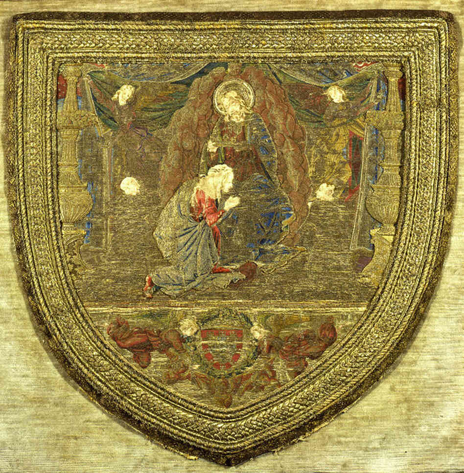 The "Hood of a Liturgical Cope Showing the Coronation of the Virgin," by Sandro Botticelli, is made of silk, gold and linen and shows the abundance of wealth that was dedicated to those with higher powers.