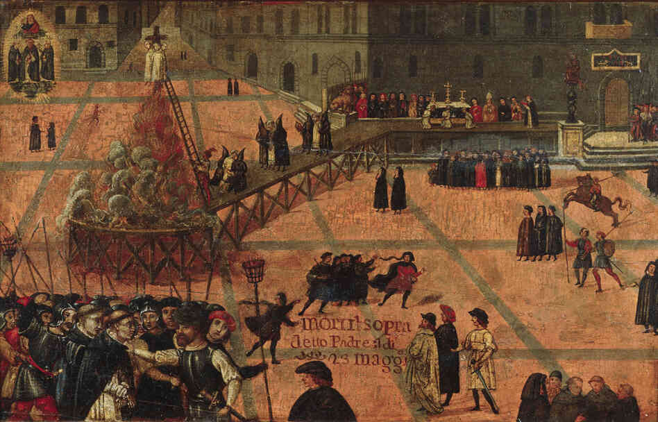 This painting, the "Execution of Girolamo Savonarola" by Filippo Dolciati, represents a time of crisis for both the Medici Bank and the Medici family itself. Savonarola was a Dominican friar who preached against moral corruption and was known for burning books and destroying art that he considered immoral. He was executed in 1498.