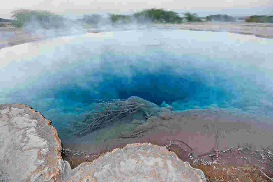 Groundwater heated to boiling goes up in steam at a geyser field northwest of Lake Abbe.