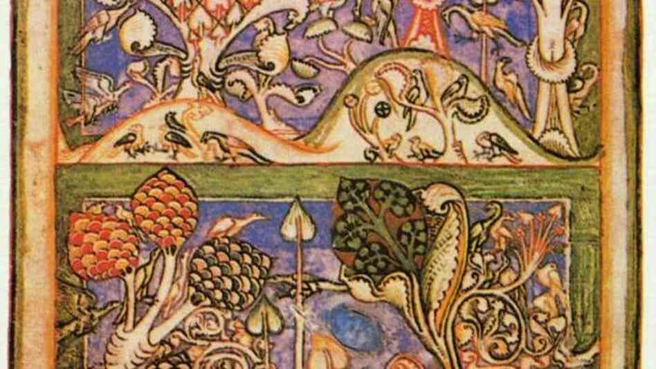 Detail of the Waldlandschaft scene of Carmina Burana on parchment in Munich.