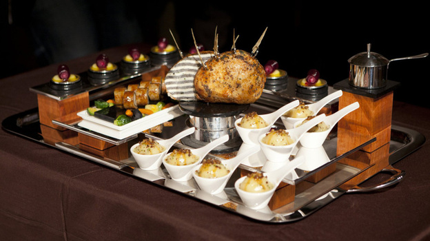 Richard Rosendale's winning platter, inspired by Frank Lloyd Wright's Fallingwater house, is on display at the 2012 Bocuse d'Or USA competition at the Culinary Institute of America in Hyde Park, N.Y.