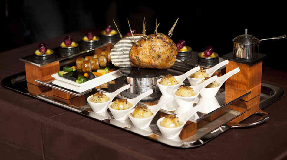 Richard Rosendale's winning platter, inspired by Frank Lloyd Wright's Fallingwater house, is on display at the 2012 Bocuse d'Or USA competition at the Culinary Institute of America in Hyde Park, N.Y.