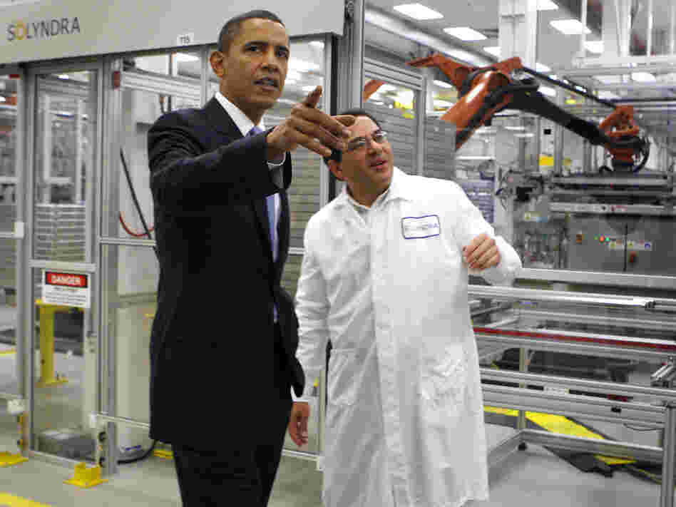 President Obama tours the headquarters of the Solyndra solar panel company in Freemont, Calif., on May 26, 2010.The company declared bankruptcy in August 2011. 