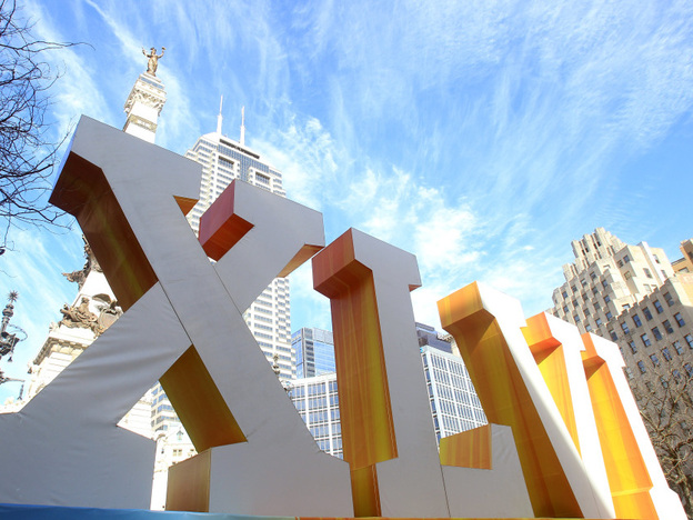 INDIANAPOLIS, IN - FEBRUARY 01: An official Super Bowl XLVI sign is seen in front of the Soldiers' and Sailors' Monument prior to Super Bowl XLVI between the New York Giants and the New England Patriots on February 1, 2012 in Indianapolis, Indiana. (Photo by Scott Halleran/Getty Images)
