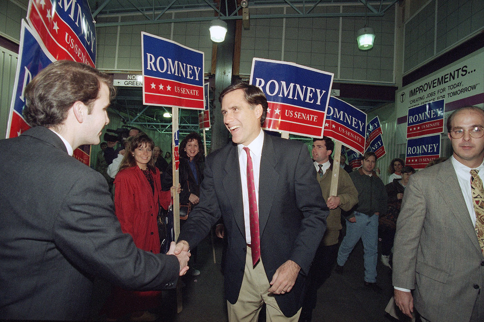 Romney greets supporters in Boston in 1994, during his campaign for the U.S. Senate. 
