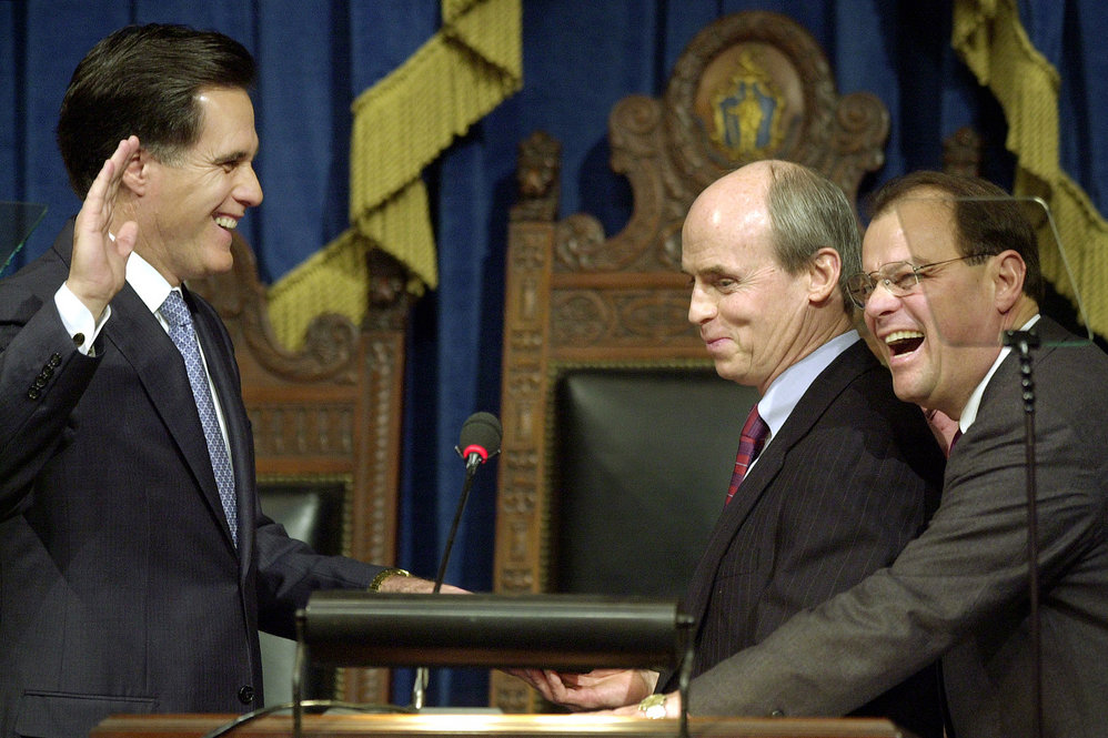 Romney takes the oath of office as governor of Massachusetts in 2003. 