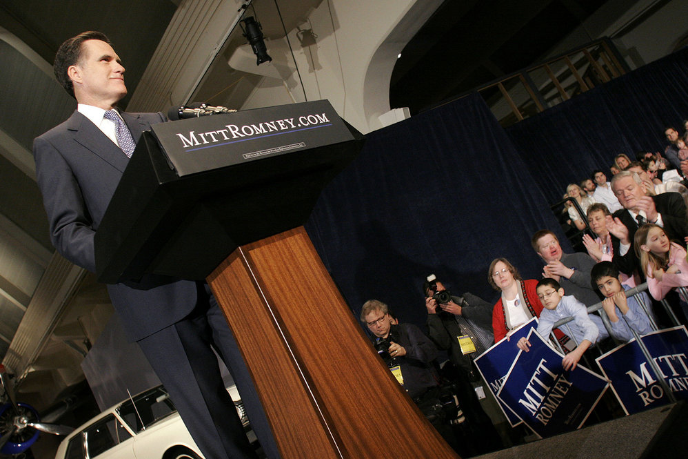 Romney officially announces he is entering the race for the Republican presidential nomination in February 2007. 