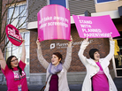 Aurora Jewell, Mandi Moshay and Kirsten Dees (left to right) hold up signs following a press conference by U.S. Sen. Patty Murray (D-WA) outside at a Planned Parenthood Clinic in Seattle, on Feb. 3. Aurora Jewell, Mandi Moshay and Kirsten Dees (left to right) hold up signs following a press conference by U.S. Sen. Patty Murray (D-WA) outside at a Planned Parenthood Clinic in Seattle, on Feb. 3.