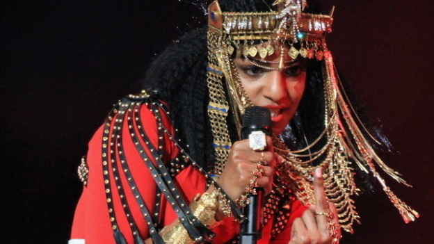 M.I.A.'s now famous finger during halftime of the Super Bowl. (Getty Images)