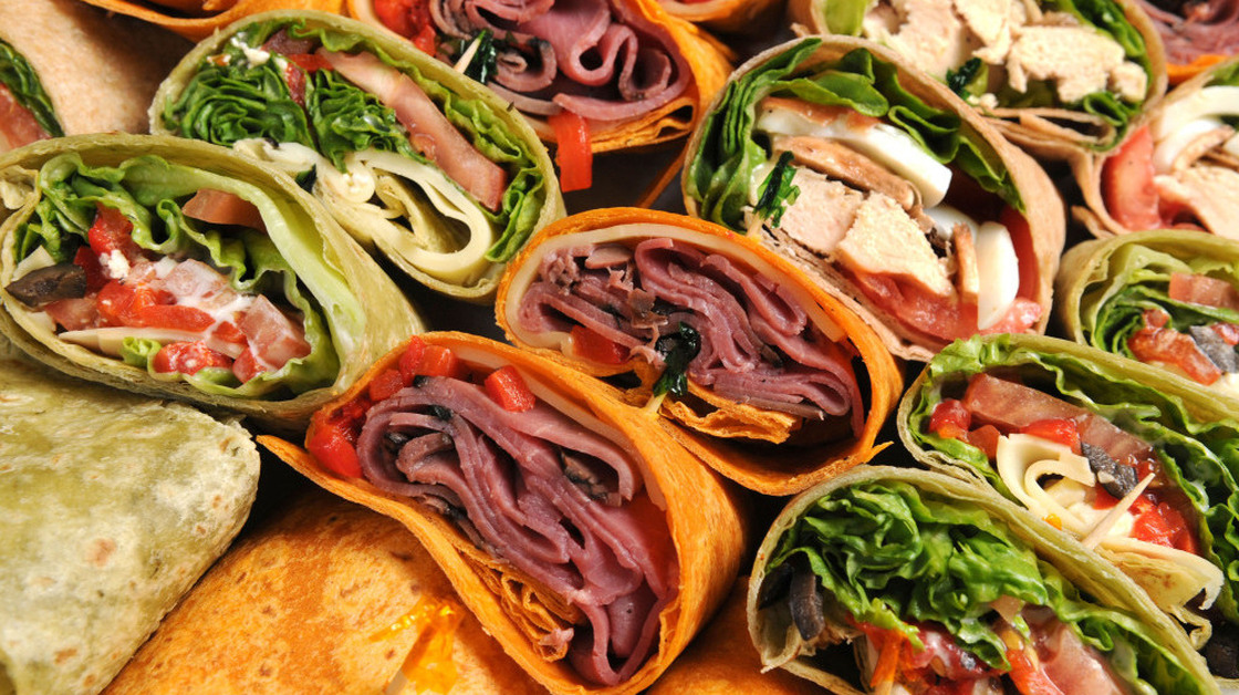 A platter of wraps for a Super Bowl party. 