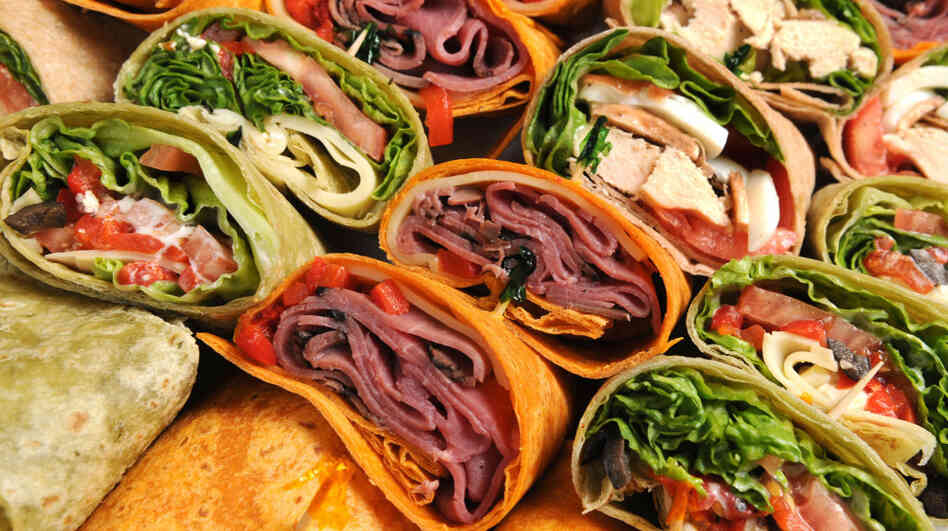 A platter of wraps for a Super Bowl party. 