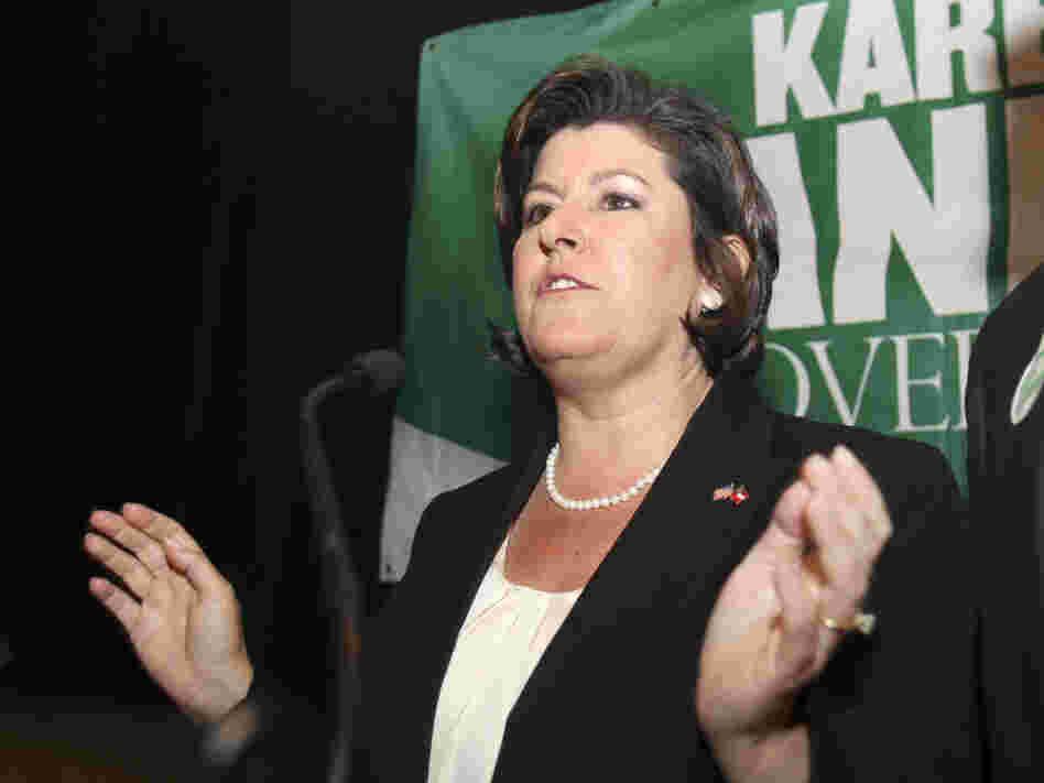 Georgia gubernatorial candidate Karen Handel talks with supporters at an election-night party in Atlanta in August. Handel, who lost a runoff for the GOP nomination, then became a top official at Susan G. Komen for the Cure.
