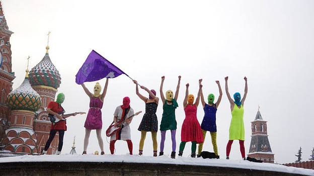 Russian feminist collective Pussy Riot stages a protest in Moscow's Red Square against Prime Minister Vladimir Putin. Members were arrested and detained briefly after their mid-January protest.