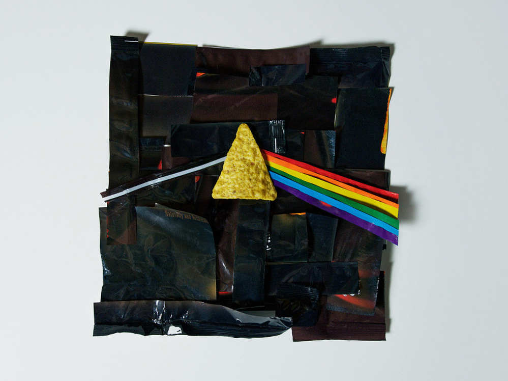 A rendition of the Pink Floyd album "The Dark Side of the Moon" made out of Doritos bags.
