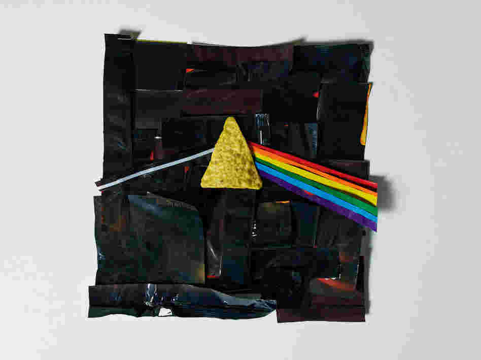 A rendition of the Pink Floyd album "The Dark Side of the Moon" made out of Doritos bags.