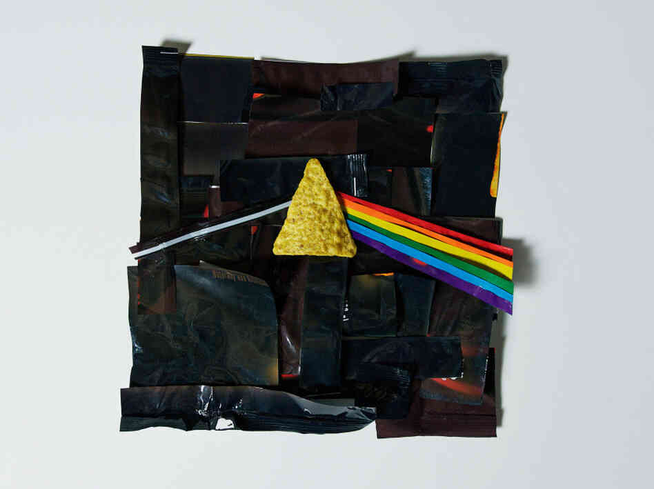 A rendition of the Pink Floyd album "The Dark Side of the Moon" made out of Doritos bags.