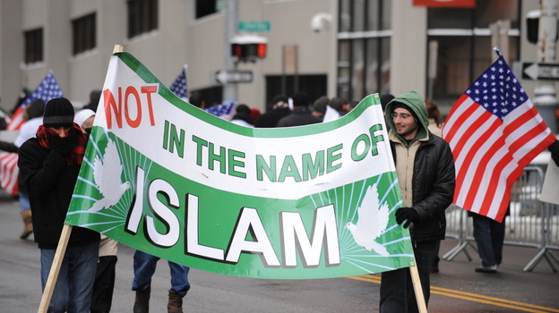 January 2010: Muslim-Americans protest against terrorism outside a federal court building in Detroit, where "Christmas Day" bomber Umar Farouk Abdulmutallab was being arraigned.