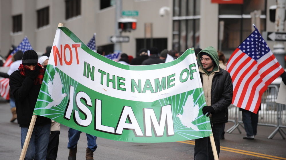 January 2010: Muslim-Americans protest against terrorism outside a federal court building in Detroit, where "Christmas Day" bomber Umar Farouk Abdulmutallab was being arraigned.