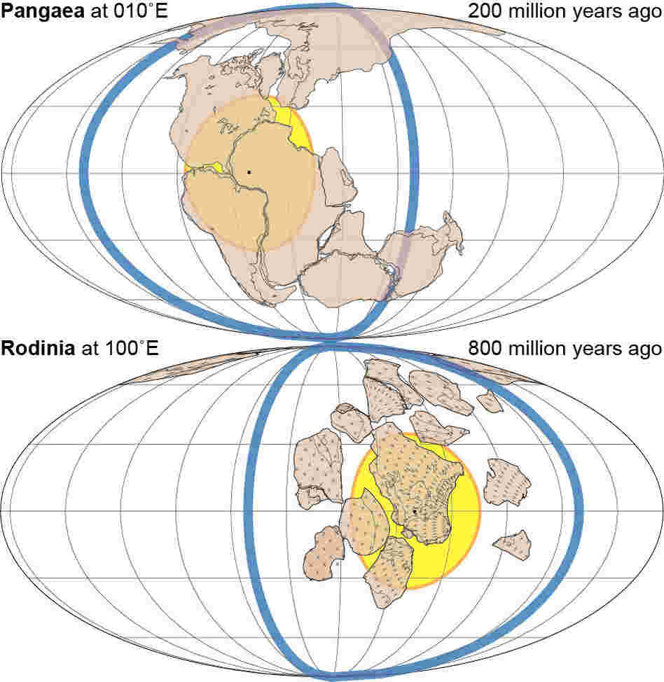 Two of the previous supercontinents, which formed 200 million years ago (Pangaea) and 800 million years ago (Rodinia).