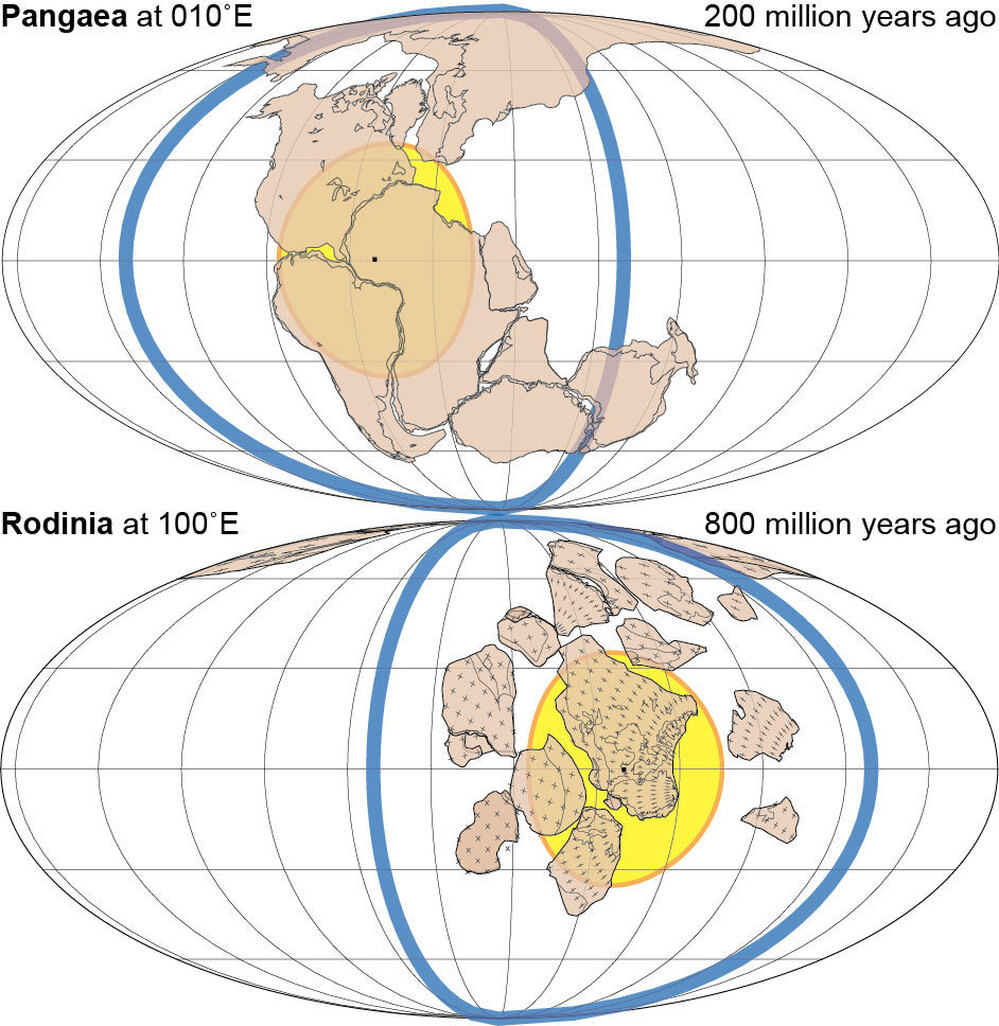 Two of the previous supercontinents, which formed 200 million years ago (Pangaea) and 800 million years ago (Rodinia).