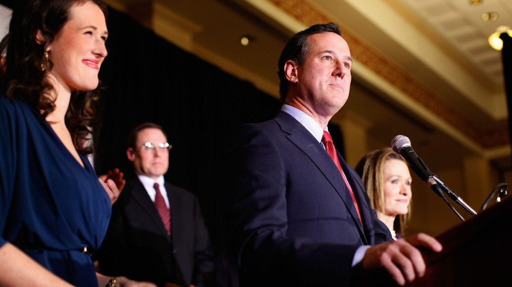 Former U.S. Sen. Rick Santorum speaks to supporters on Tuesday at the St. Charles Convention Center in St. Charles, Mo. 