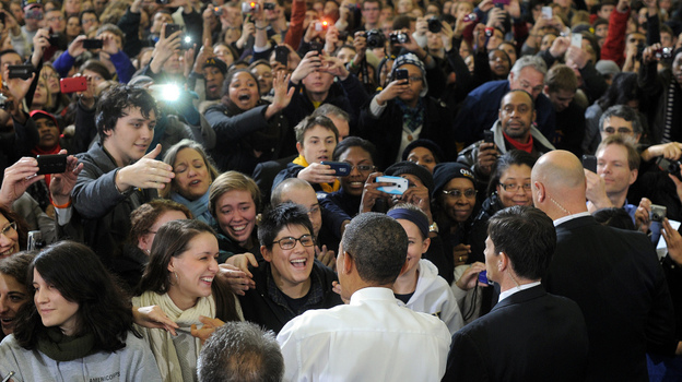 President Obama greets students after speaking at the University of Michigan in Ann Arbor on Jan 27. Young Republicans say they see an opportunity in 2012 to dent Obama's popularity among the youngest voters.