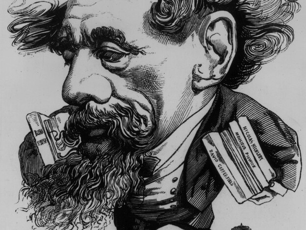 An Andre Gill caricature of the novelist with his own books under his arm.