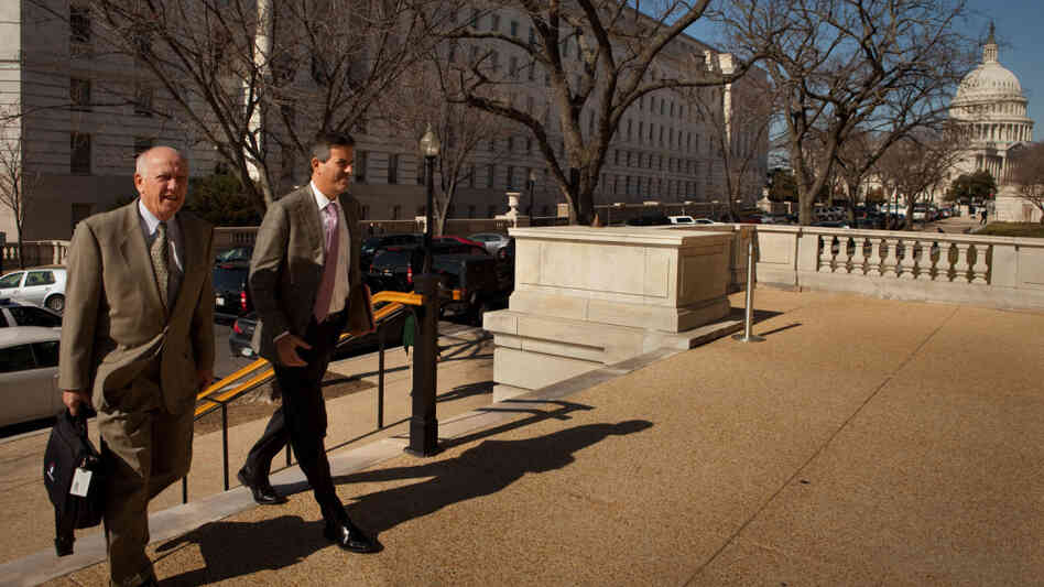 Gene Gregory (left), head of the United Egg Producers lobby, and Wayne Pacelle, president of the Humane Society, visit Washington to lobby Congress for a law requiring larger cages for egg-laying chickens. Gene Gregory (left), head of the United Egg Producers lobby, and Wayne Pacelle, president of the Humane Society, visit Washington to lobby Congress for a law requiring larger cages for egg-laying chickens.
