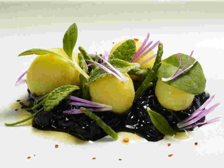    Steamed new harvest potatoes, cucumber, borage, and ice plant flower.