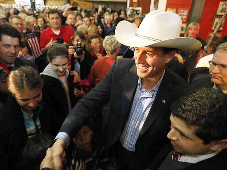 Rick Santorum shakes hands with supporters gathered at Fairview Farms in Plano, Texas on Feb. 8 in the wake of his three victories on Tuesday. 