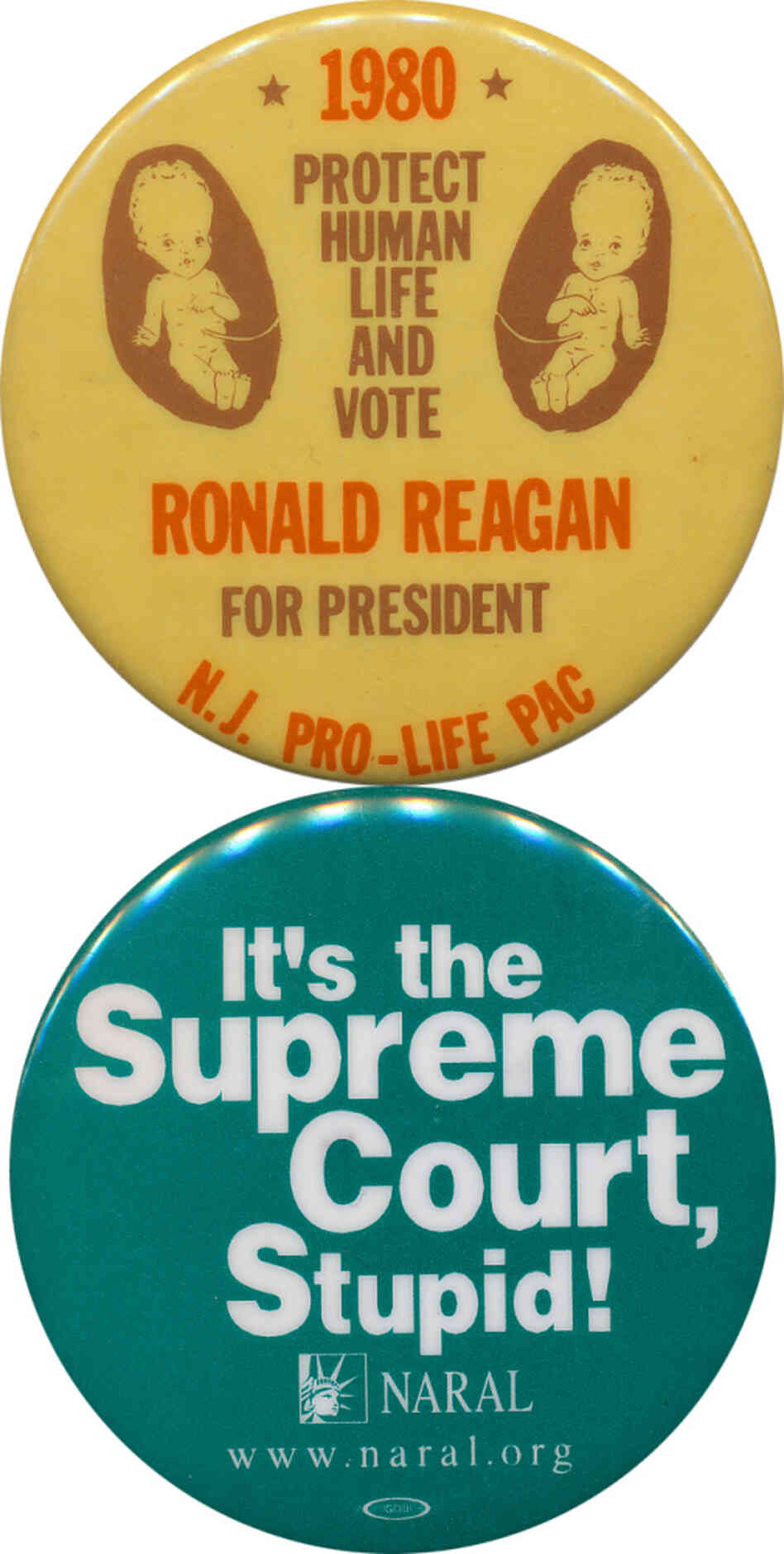 Social issues, such as abortion, have been a part of the campaign dialogue since at least the 1973 Roe decision. Reagan supporters talked about the sanctity of life and opposition to abortion in 1980 (top button); Gore supporters in 2000 argued that the election was about who would name Supreme Court justices to protect a woman's right to choose (bottom button). Social issues, such as abortion, have been a part of the campaign dialogue since at least the 1973 Roe decision. Reagan supporters talked about the sanctity of life and opposition to abortion in 1980 (top button); Gore supporters in 2000 argued that the election was about who would name Supreme Court justices to protect a woman's right to choose (bottom button).