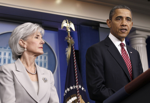 President Obama and Health and Human Services Secretary Kathleen Sebelius announce the revamping of his contraception policy, at the White House on Friday.