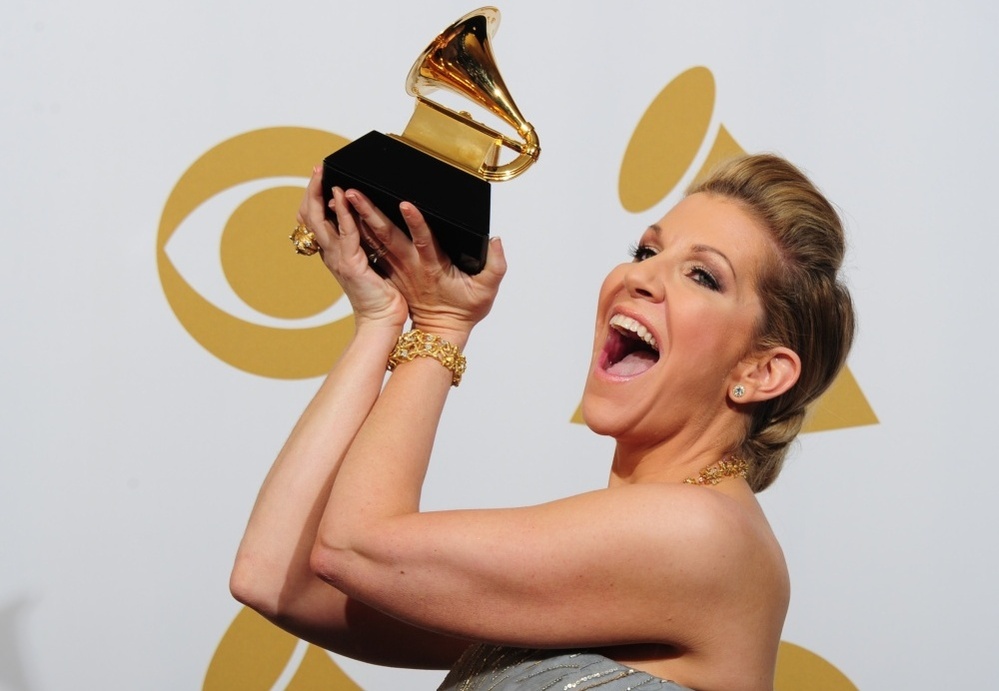 Mezzo Joyce DiDonato hoists her newly won Grammy at yesterday's awards ceremony.