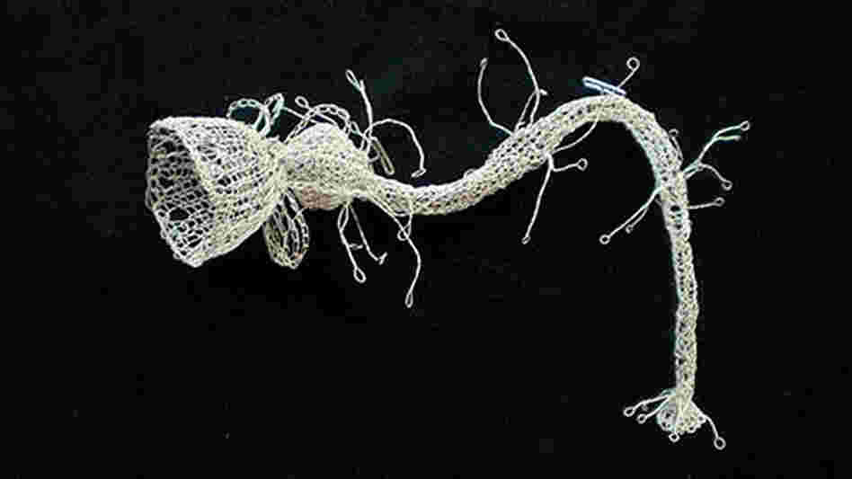 A crochet sea creature from the "Mutations" series, this piece was inspired by a Ernst Haeckel drawing.