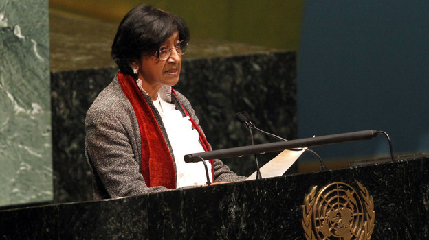 High Commissioner for Human Rights Navi Pillay delivers remarks during a meeting of the United Nations General Assembly to discuss the human rights situation in Syria on Monday.