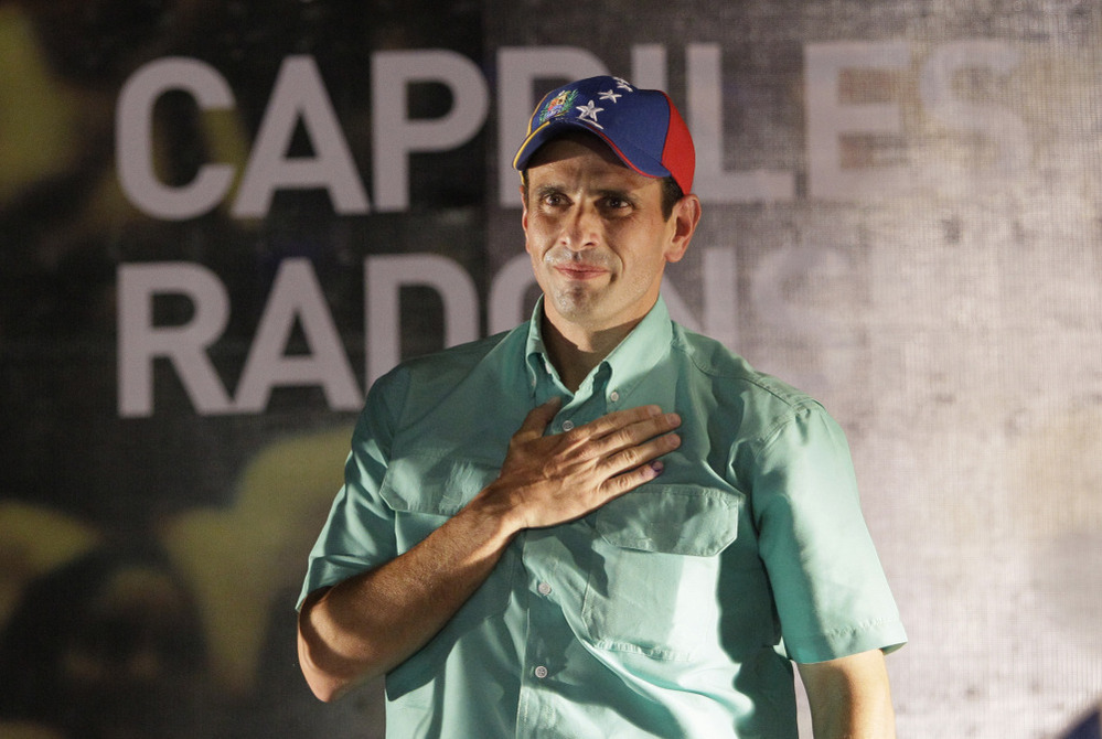 Henrique Capriles gestures after wining the opposition presidential primary in Caracas, Venezuela on Sunday.