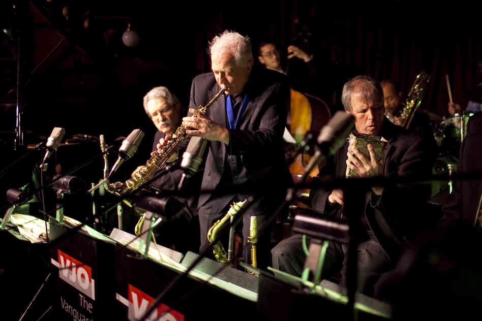 Billy Drewes stands up for a soprano sax solo.