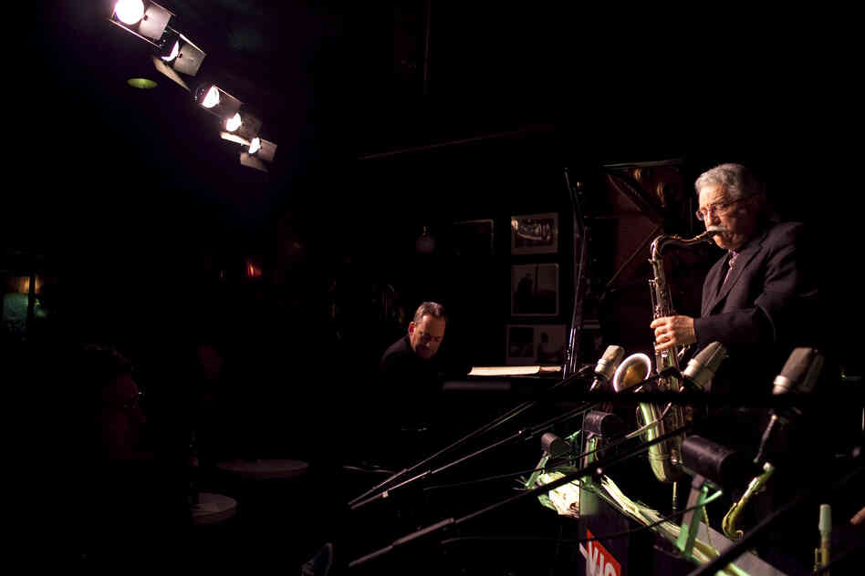 Saxophonist Ralph Lalama stands up for a solo, with Michael Weiss comping on piano.