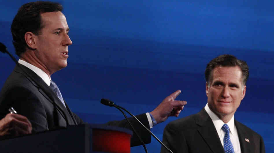 Rick Santorum gestures toward Republican rival Mitt Romney during the South Carolina GOP presidential debate in Myrtle Beach on Jan. 16. Rick Santorum gestures toward Republican rival Mitt Romney during the South Carolina GOP presidential debate in Myrtle Beach on Jan. 16.