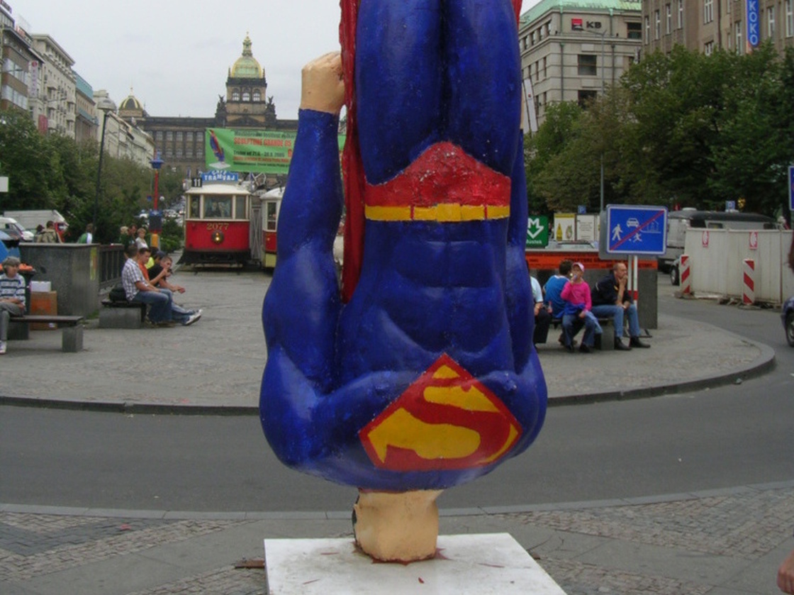 Superman crashlands in Wenceslas Square, Prague, Czech Republic.